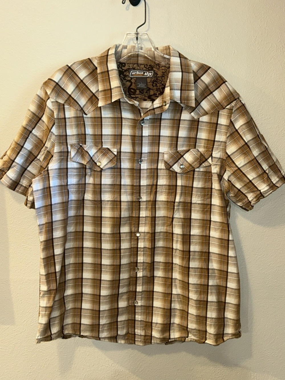 Urban Pipeline Brown Cream Plaid Short-Sleeve Button/Snap Down Shirt Sz L